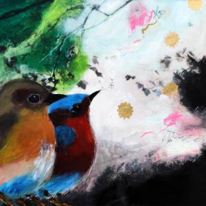Two birds 1m50x1m mixed media on canvas 